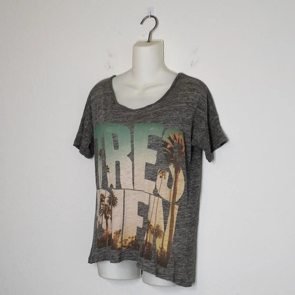 J Crew 100% Linen Graphic Tee Sz XS Tres Bien Relaxed Fit Slouchy Boho Beachy